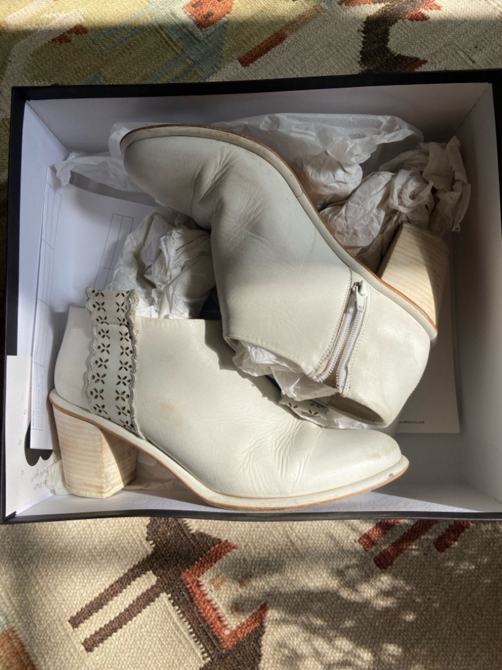 Miista Ivory Leather Cutout Ankle Booties with Stacked Heel